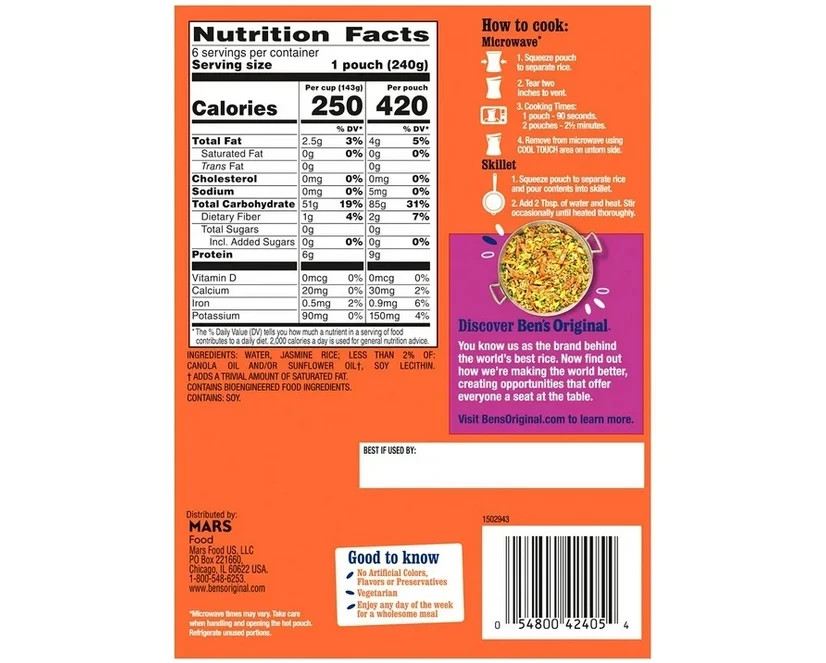 Ben's Original Ready Rice Jasmine 8.5 Oz 6-Pack Microwavable Pouches