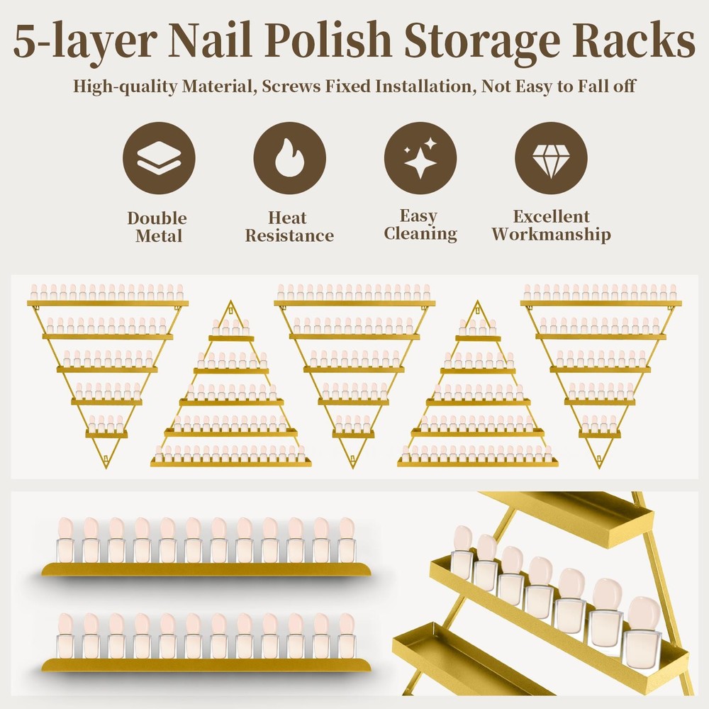 10 Pcs Set Triangular Nail Polish Racks Wall-mounted Cosmetics Display Rack Gold