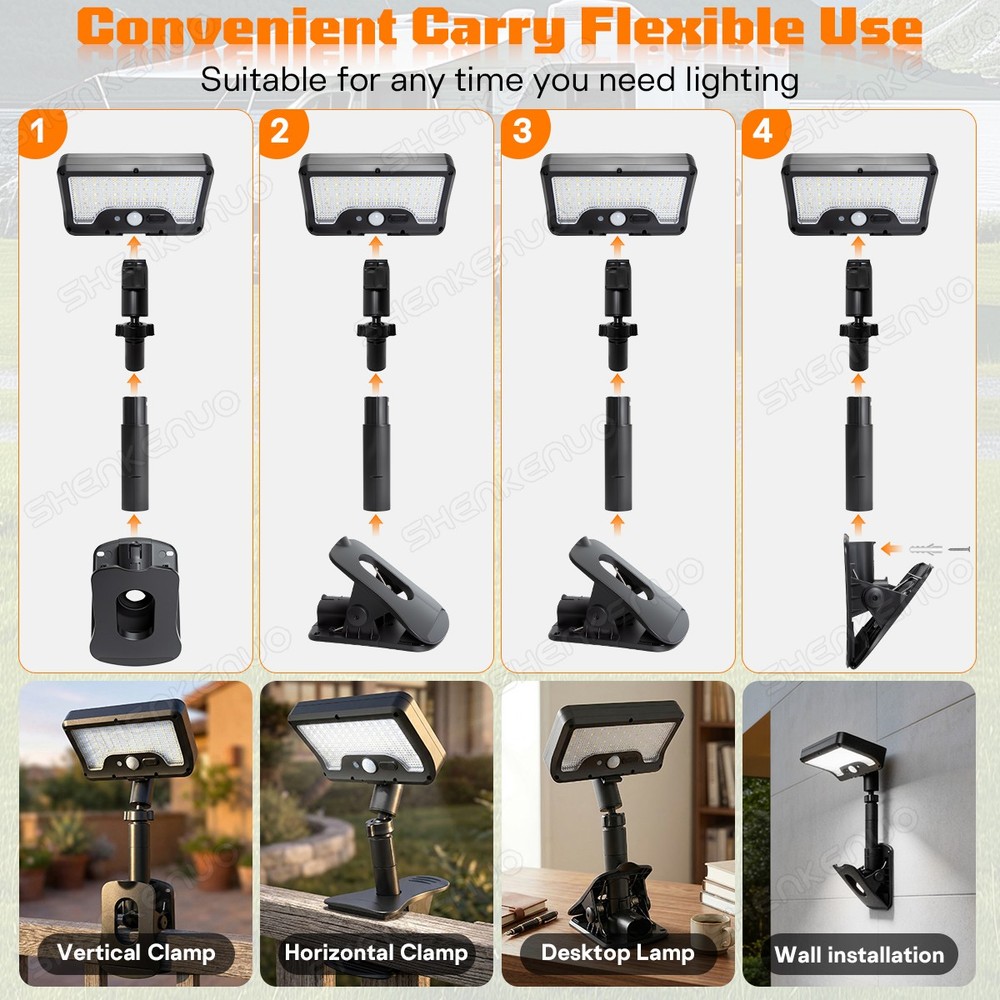 360° Adjustable Solar Clip Light, 3 Color Modes, Motion Activated, Dual Power