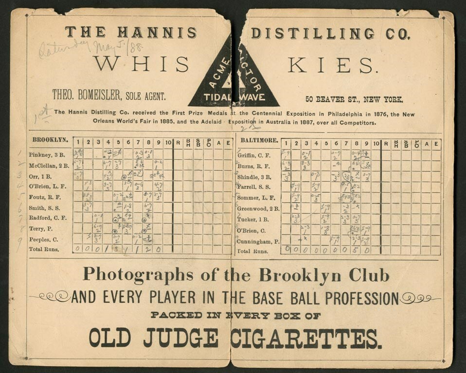 1888 Baltimore Orioles vs Brooklyn Bridgegrooms Program Score Card
