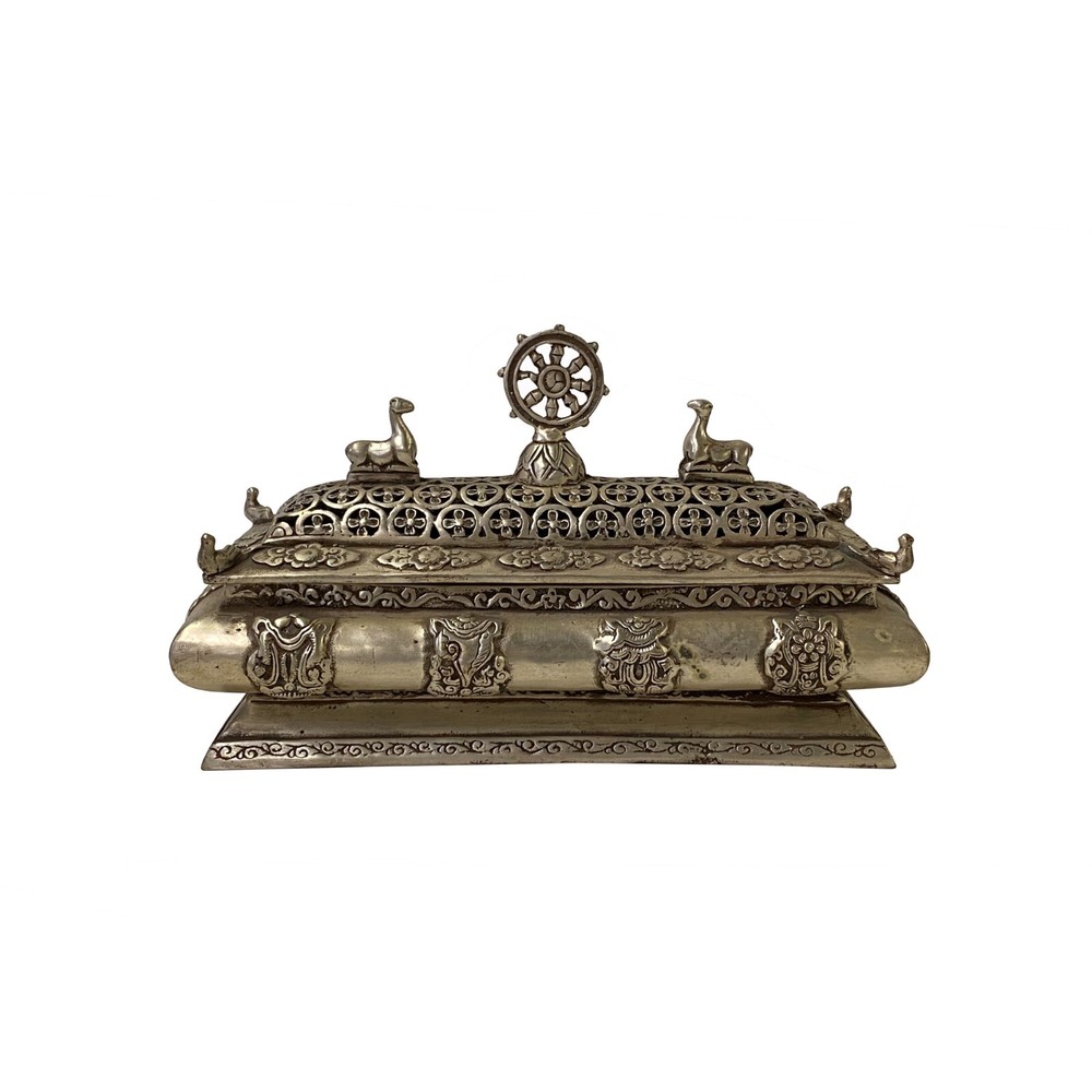 Chinese Tibetan Silver Color Rectangular Shape Incense Burner Display ws3311