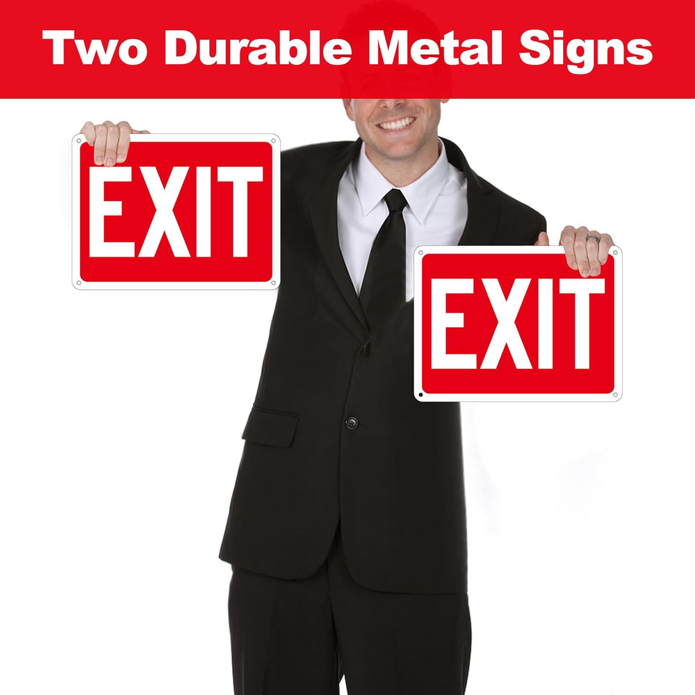 (2 Pack) Exit Signs, Aluminum Exit Sign with Red Background, Exit Sign for Door