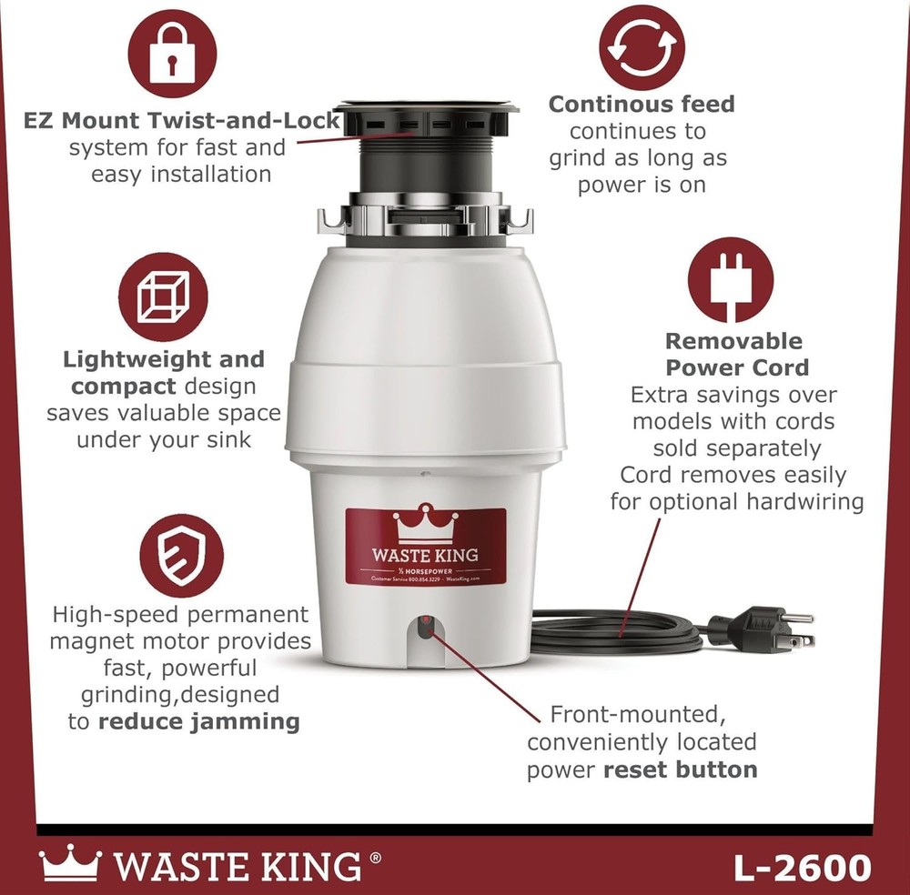 Legend Series Continuous Feed Garbage Disposal - 1/2 HP, Space-Efficient Design