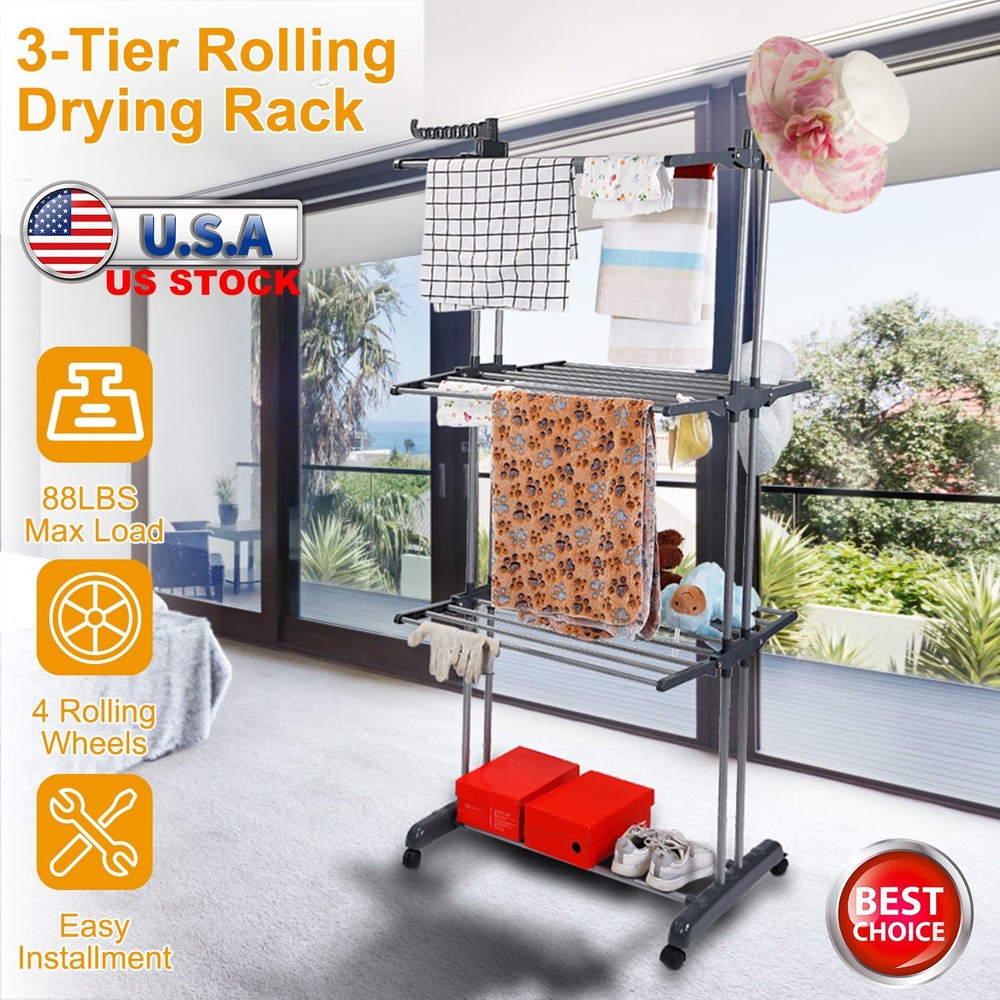 3-Tier Foldable Clothes Drying Rack Laundry Storage Garment Hanger Dryer Stand