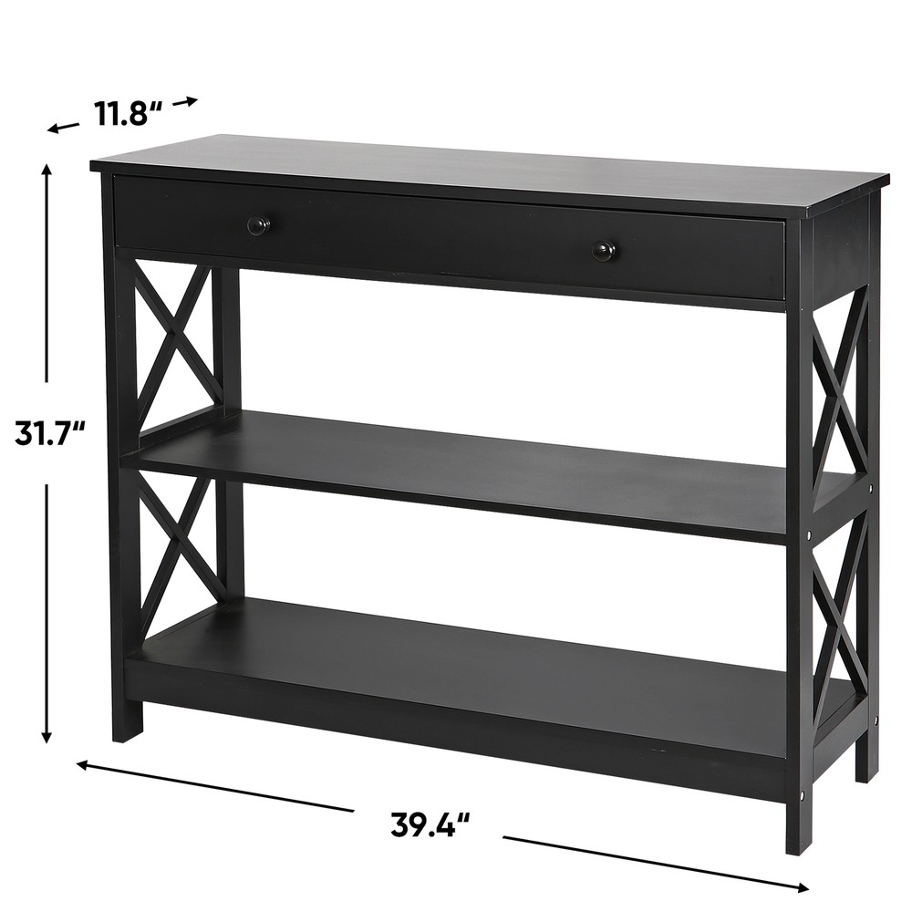 3 Tier Wood Console Table Entryway Table Narrow Sofa Side Table w/Drawer Black