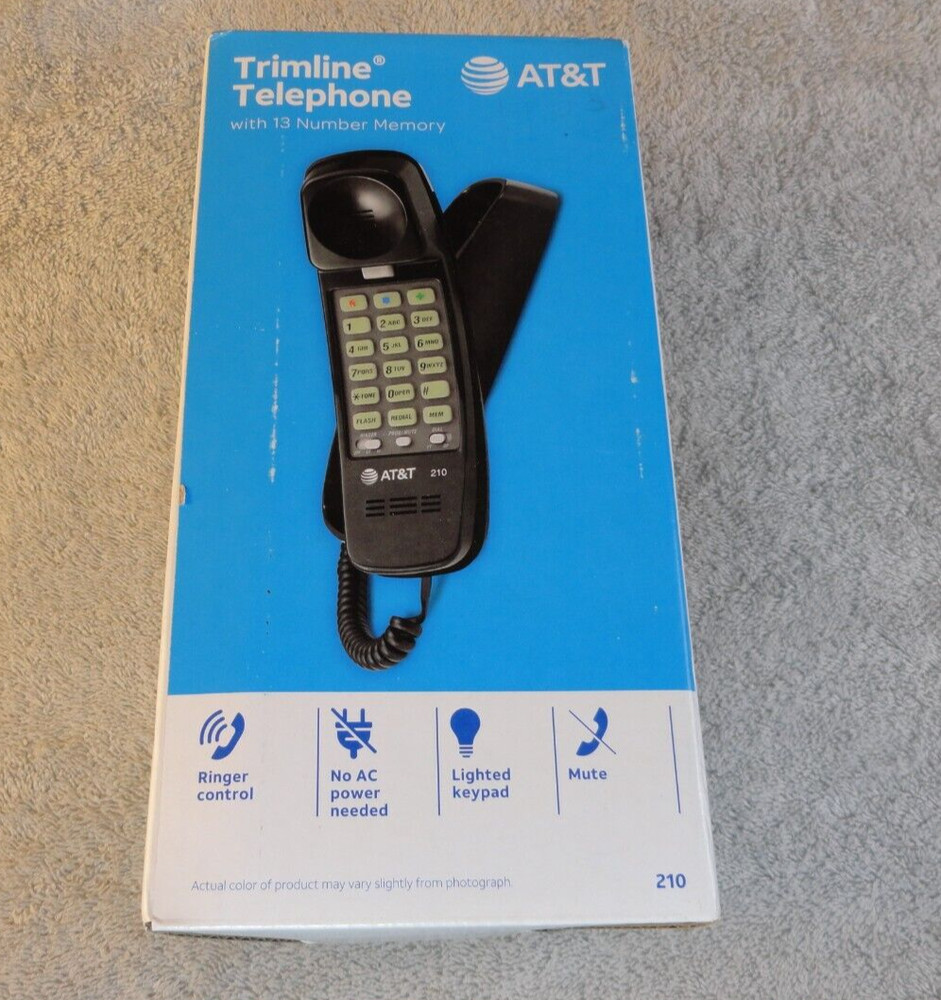 AT&T 210 Basic Trimline Corded Phone, No AC Power Required Wall-Mountable Black