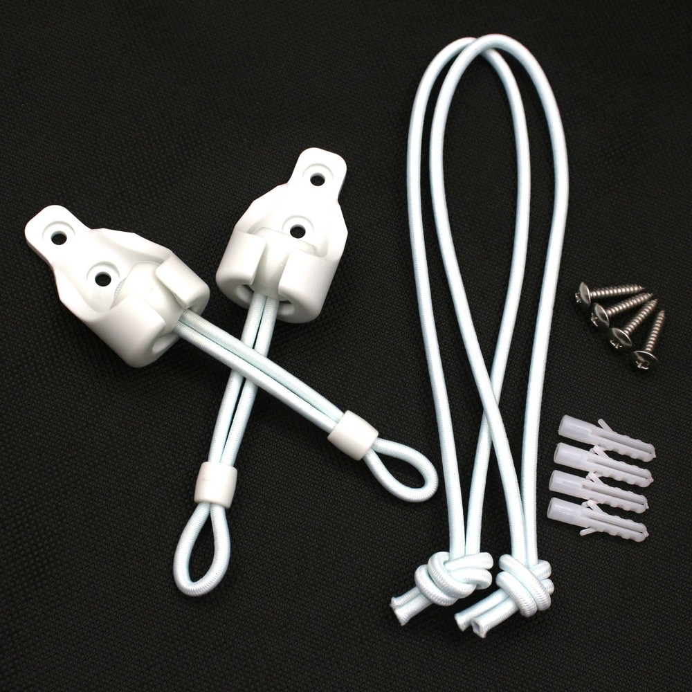 Exterior roller shade bungee tie downs with Circle receiver bungee cords white