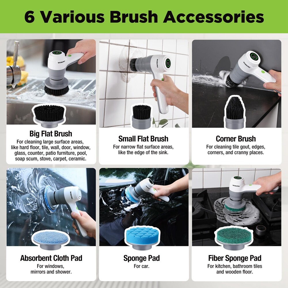 WORKPRO 8V Electric Spin Scrubber 3-Speed Adjustable Shower Scrubber with 6 Head