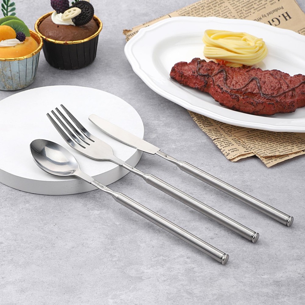 3 Pcs Extendable Fork, Knife and Spoon Set Stainless Steel Telescopic Tableware