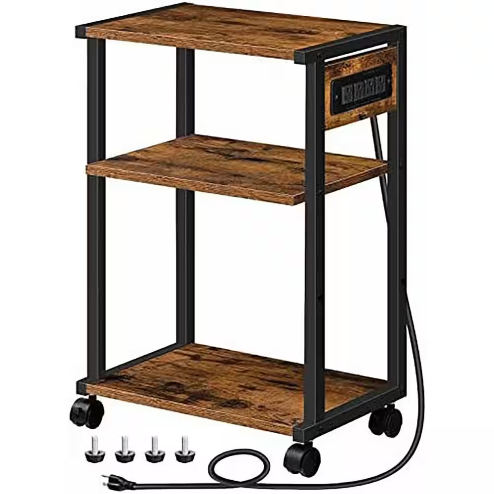 3-Tier Rolling Printer Stand with Charging Station and Adjustable Shelf, Rustic