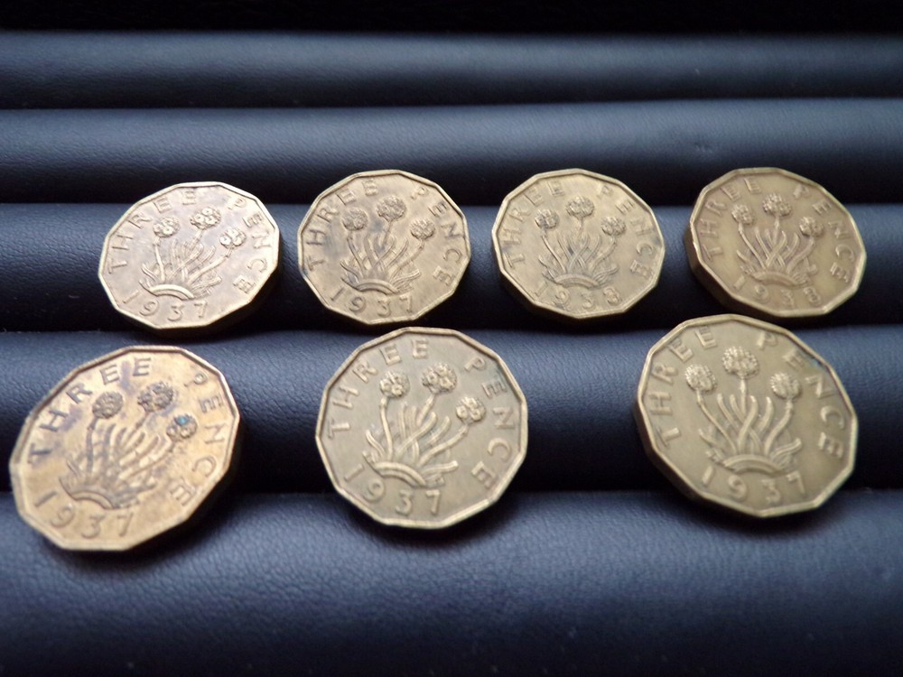 7 Pre WW2 3 pence coins 1933-37
