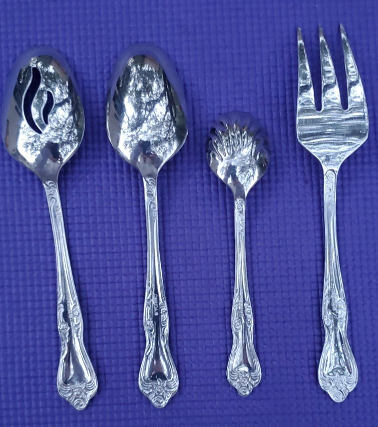 4-Oneida AZALEA Stainless SERVING PIECES PIERCED & SOLID SPOONS MEAT FORK SUGAR