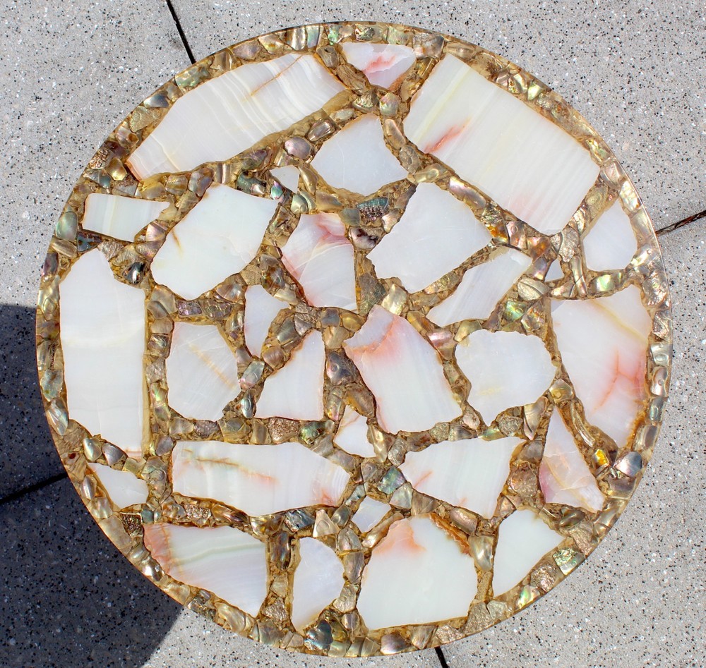 Vintage Agate, Onyx & Abalone Mosaic Side Table with Wrought Iron Base