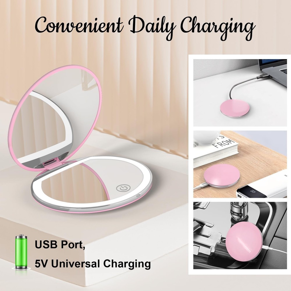 Compact Mirror with Light, 1X/3X Magnification LED Pocket Mirror with USB Dat...