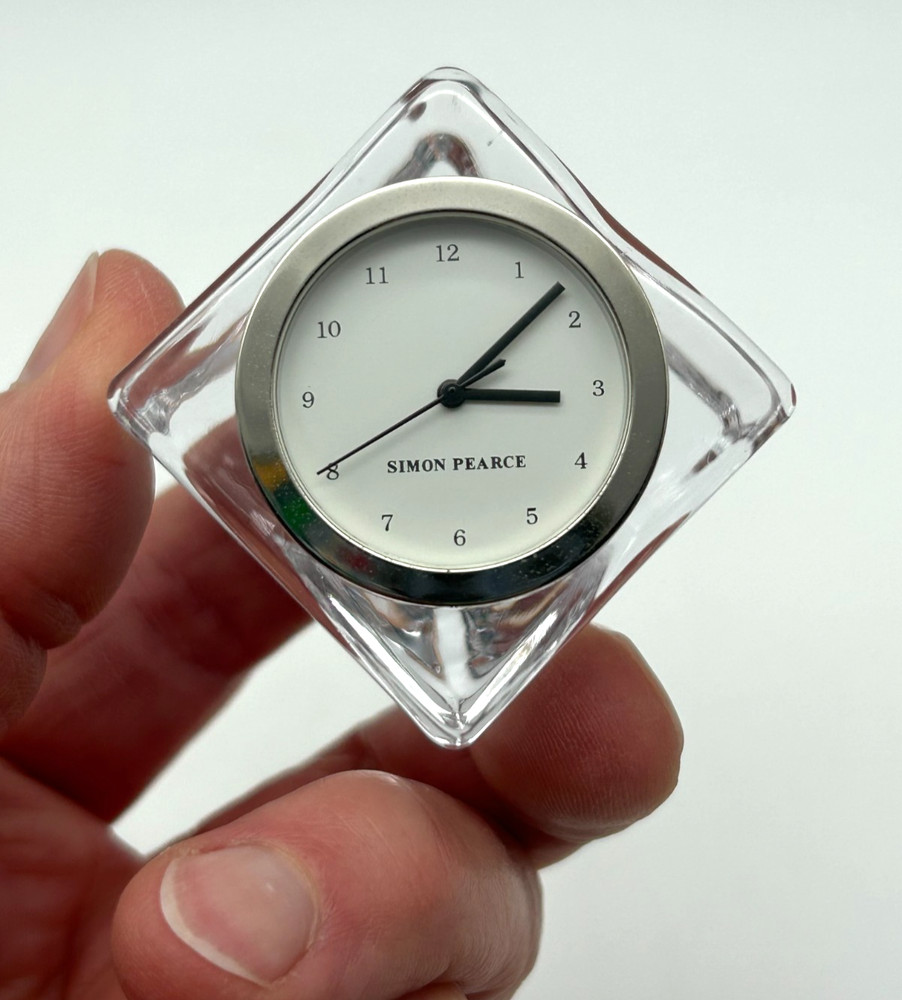 Simon Pearce Clear Glass Small Angled Cube Desk Clock ~ 2" Tall ~ Signed