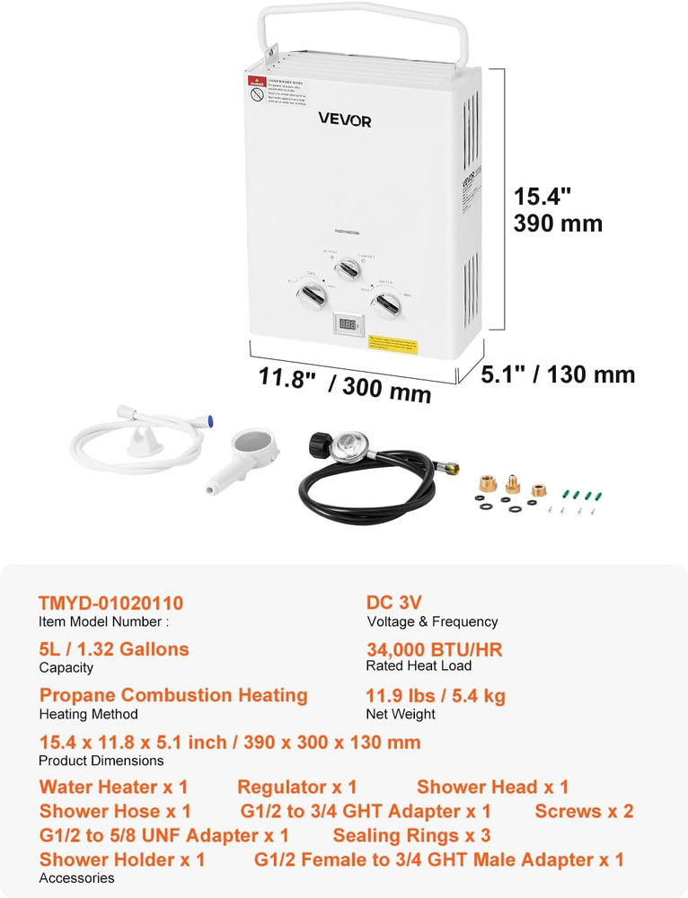 Tankless Portable Propane Water Heater 5L - Instant Hot Water for Camping RVs