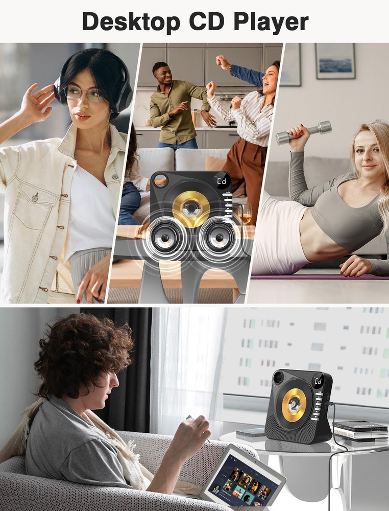CD Player with HiFi Dual Speaker Portable Bluetooth,Desktop Black