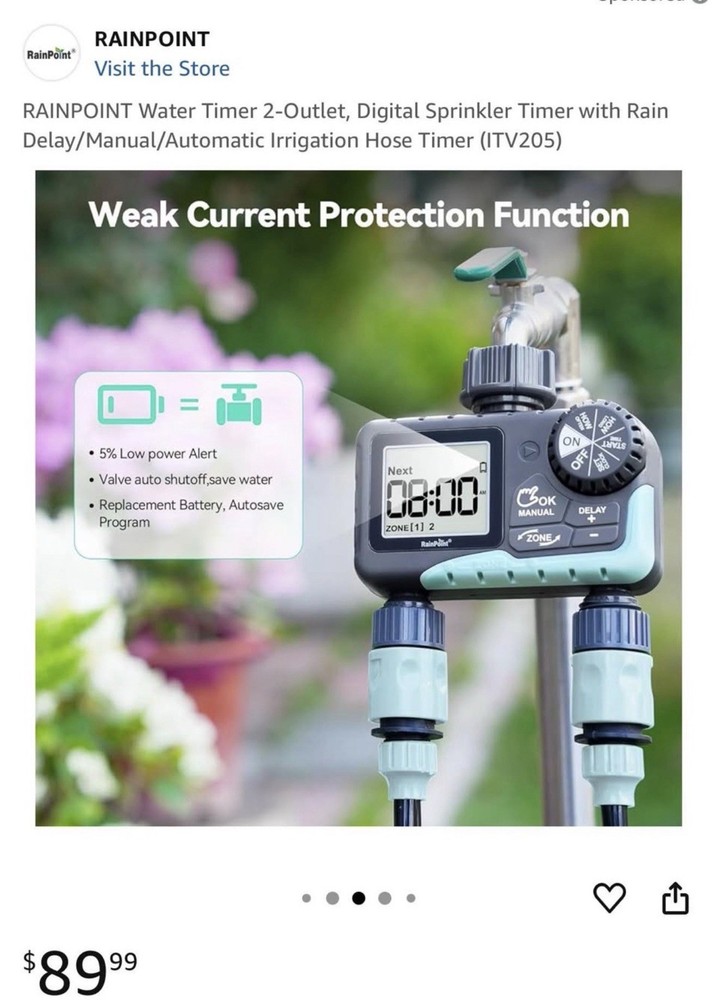 New RainPoint Programmable 2 Zone Water Timer - Model Number ITV205