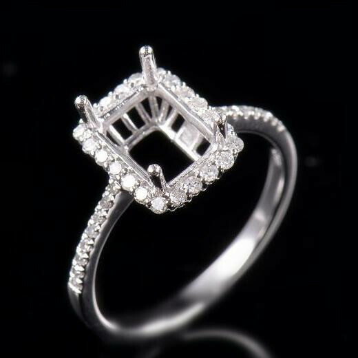Solid 14K White Gold Natural Diamond Semi Mount Ring Setting Emerald Cut 8×6mm