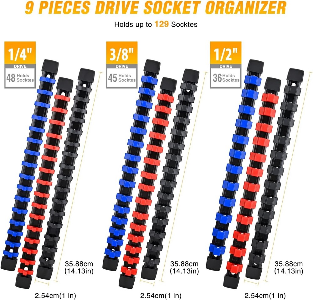Socket Organizer ABS Socket Holder Set 1/4" 3/8" 1/2" Drive Socket Rail Holders