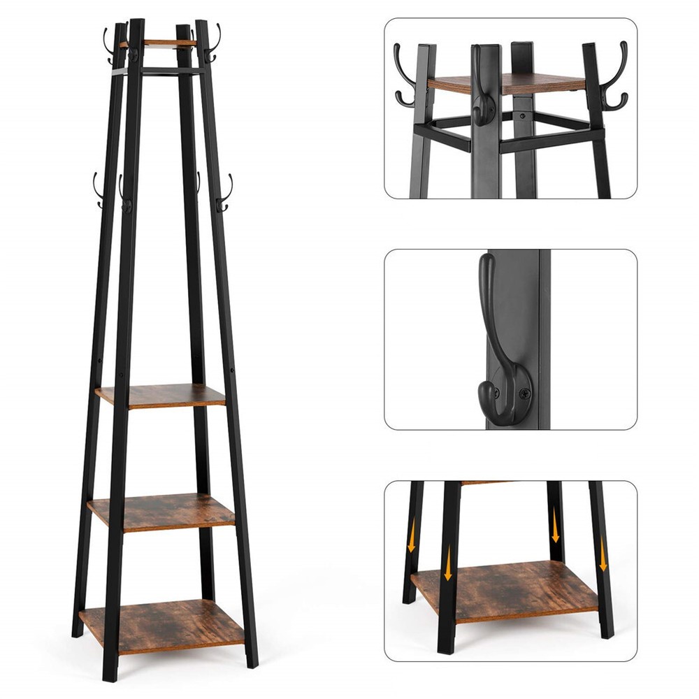 Hall Tree Entryway Tower Coat Rack Stand with Storage Shelf  8 Hook Clothes Rail
