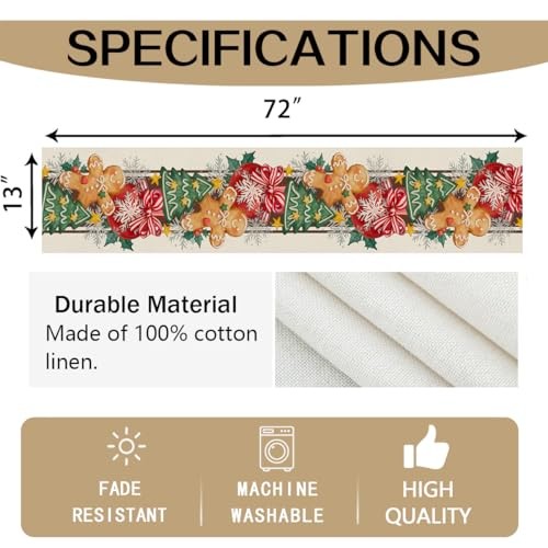 Merry Christmas Table Runner, Gingerbread 13" x 72", Table Runner Multi Color