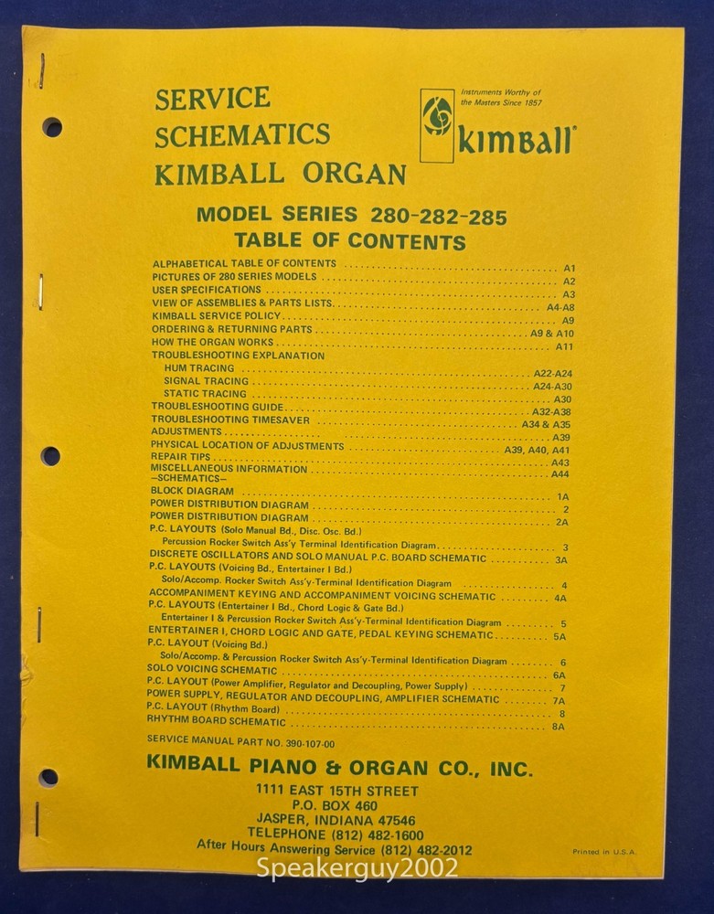Original Kimball Organ Model Series 280 282 285 Schematic Manual