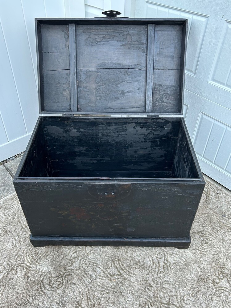 Antique Asian Distressed Black Dovetail Trunk