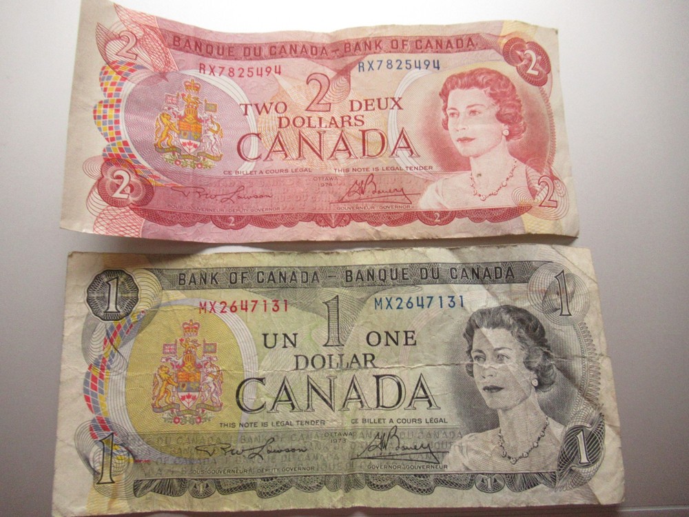 $1 1973 Canada Bank Note Bill & $2 1974 ml