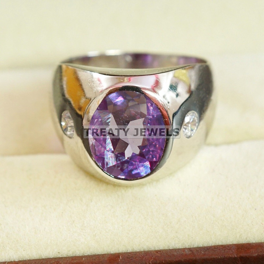 Alexandrite Oval Cut Gemstone With 14K Solid White Gold Ring For Men's #A608