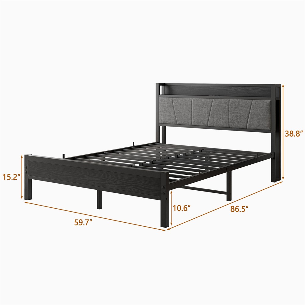 Queen Size Bed Frame Metal Platform Bed w/ Storage Headboard & Charging Station