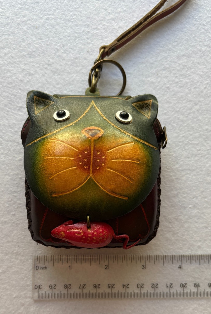Leather Cat & Mouse Coin Purse Key Ring Zip Closure