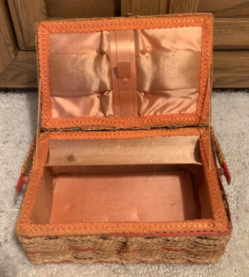 Sewing Basket- Braided Wicker w/Pink Interior