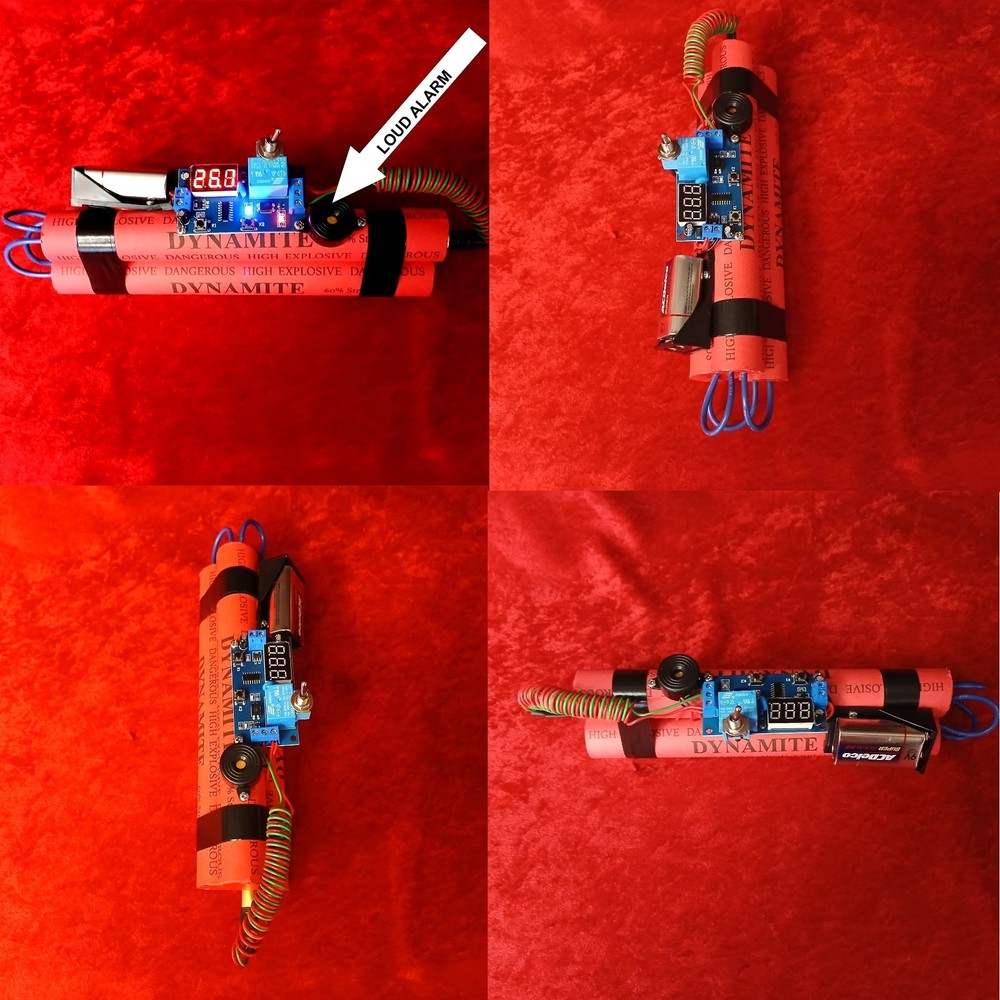 FAKE DYNAMITE  BOMB PROP W/ WORKING COUNTDOWN LED TIMER & ALARM WATCH A VIDEO