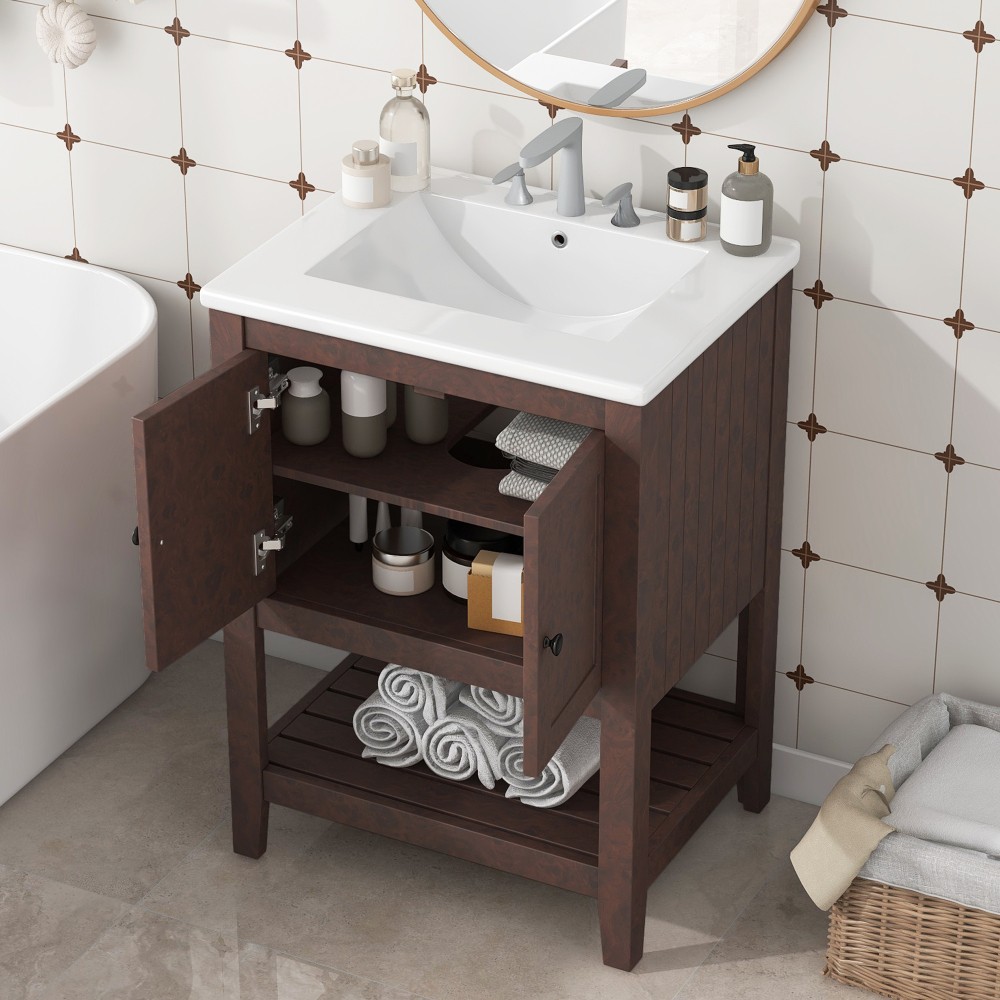 Bathroom vanity W  solid wood frame Features open shelving Includes ceramic sink