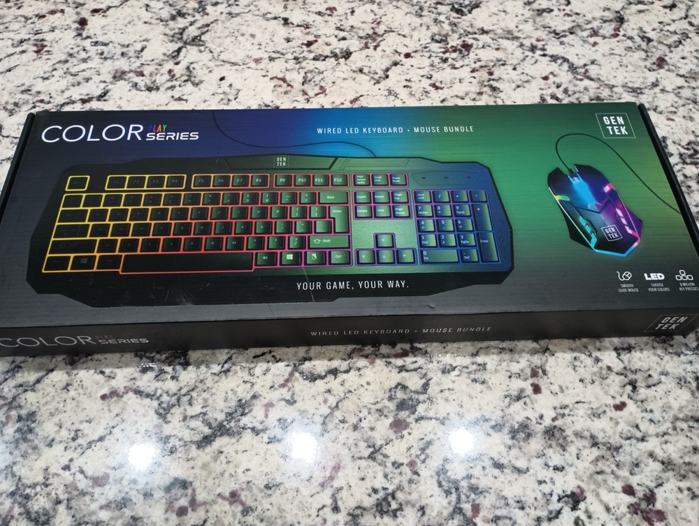 GenTek USB Wired LED Backlit Keyboard & Mouse Bundle. Color Play series.  NIB