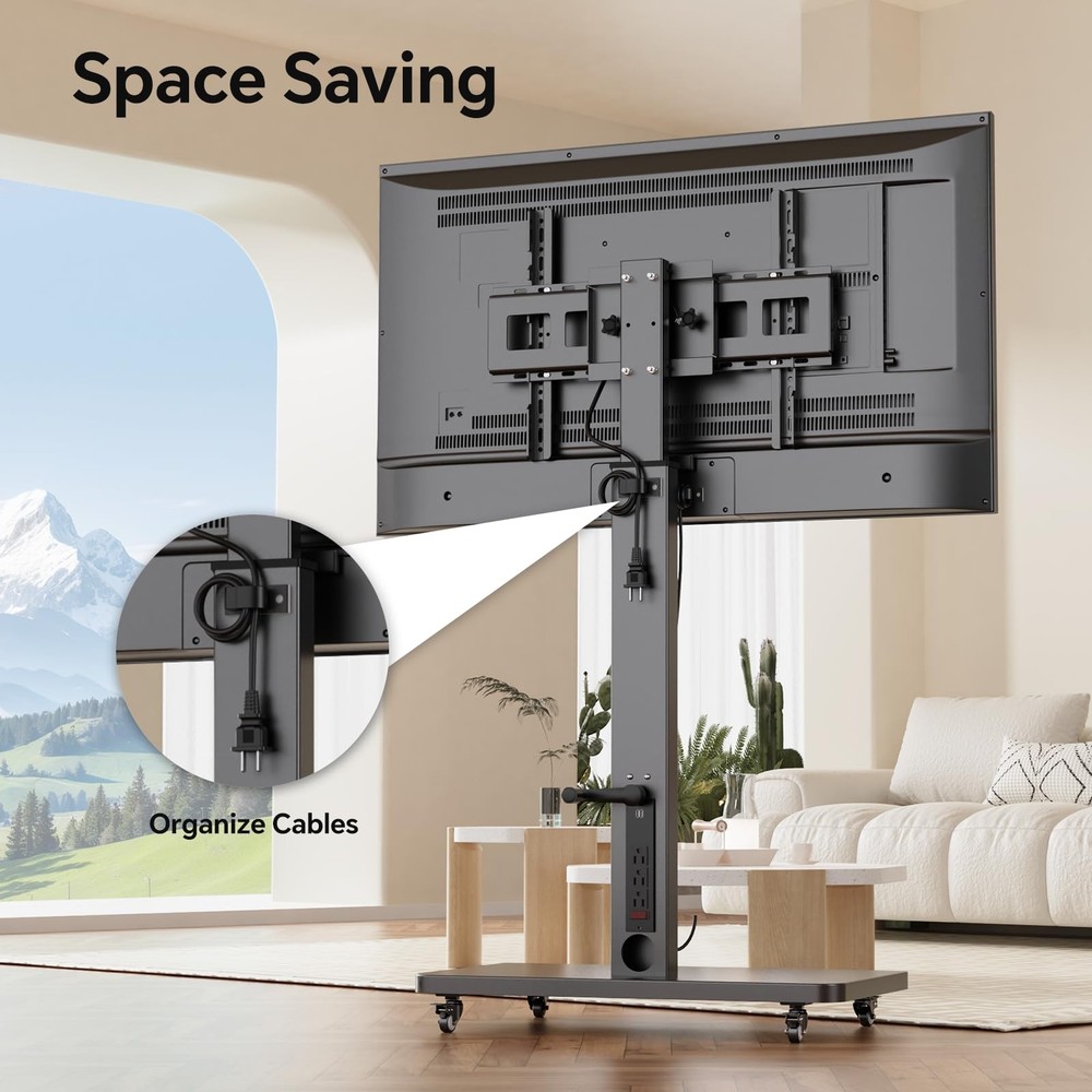Mobile TV Stand with Power Outlet, Height Adjustable with Handle Stepless Lif...