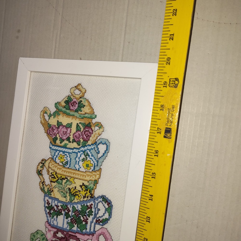 Framed Cross Stitch Teacup Stack Art Handcrafted Tea Theme Decor 20x10