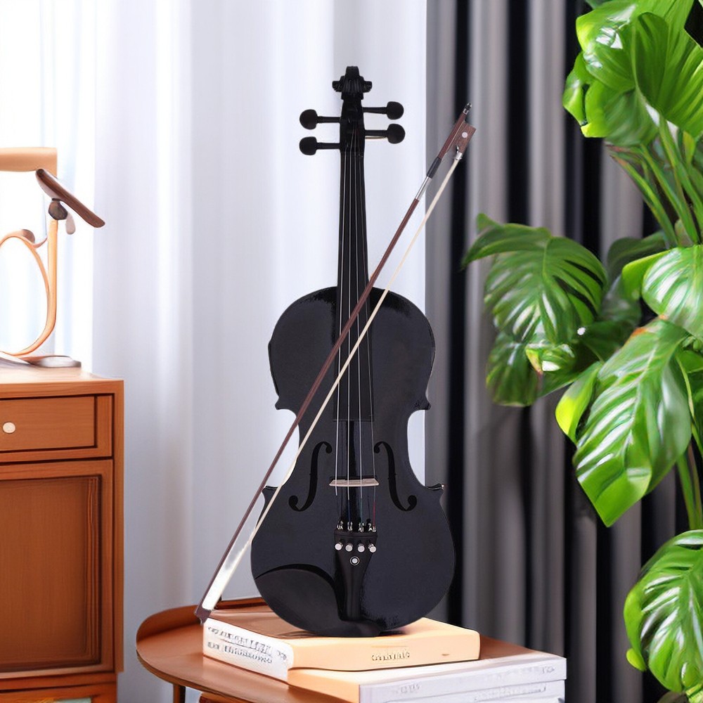 Black 4/4 Full Size Solid Wood Violin Set w/ EQ, Shoulder Rest, Electronic Tuner