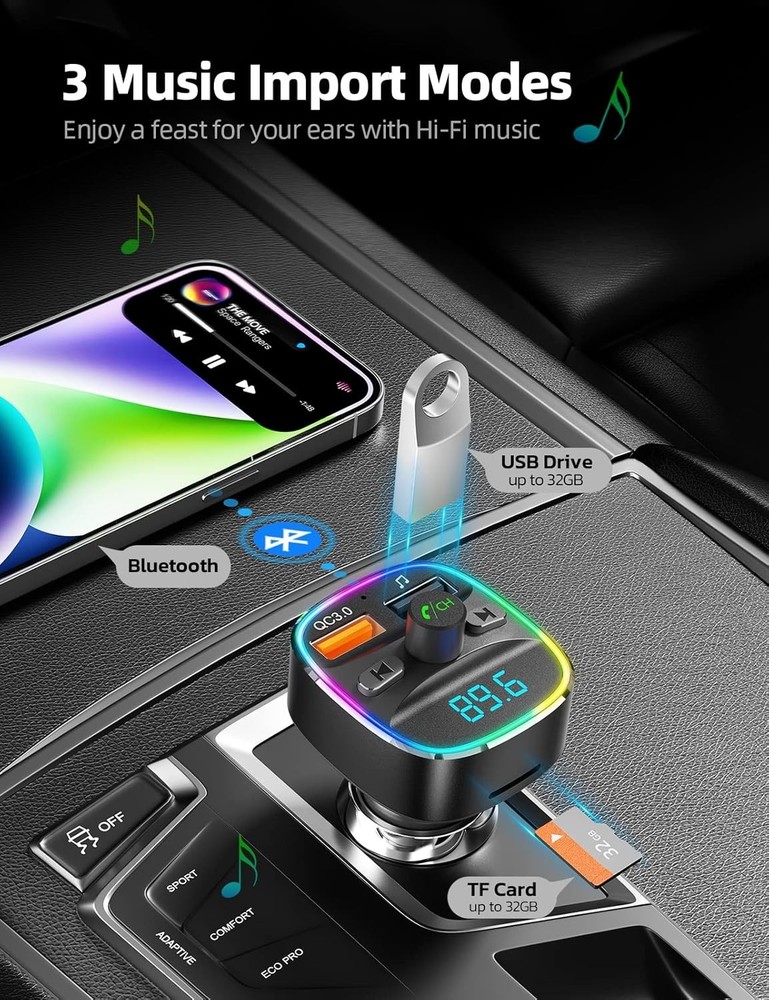 7-Color LED Bluetooth FM Transmitter & Dual USB Charger - Hands-Free Calling