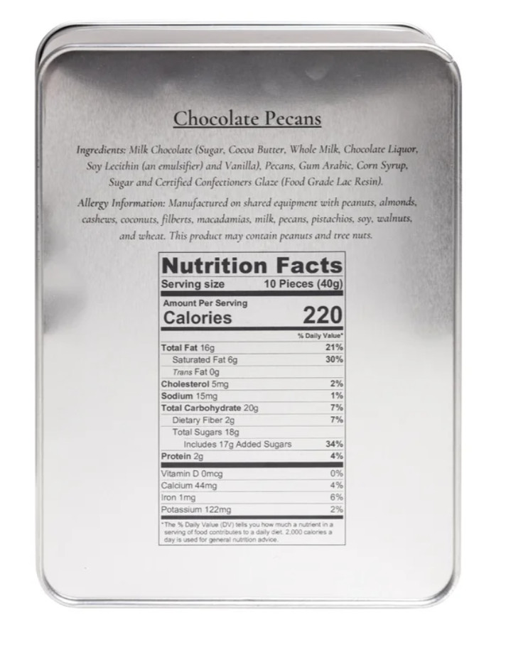 Heaton Pecans Large Square Milk Chocolate Covered Pecan Tin, 3.75 lbs