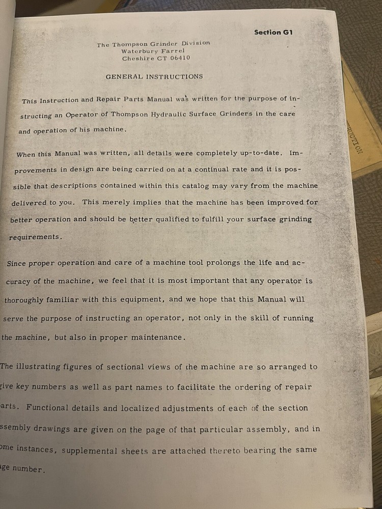 Thompson Hydraulic surface grinder operators manual