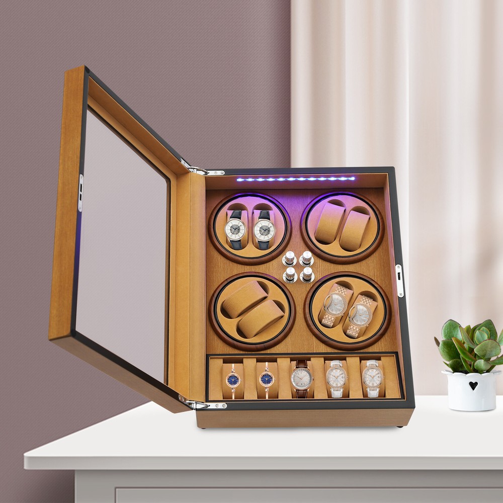 8+5 Pine Automatic Watch Winder Box With LED Light Storage Case 4 Winding Modes