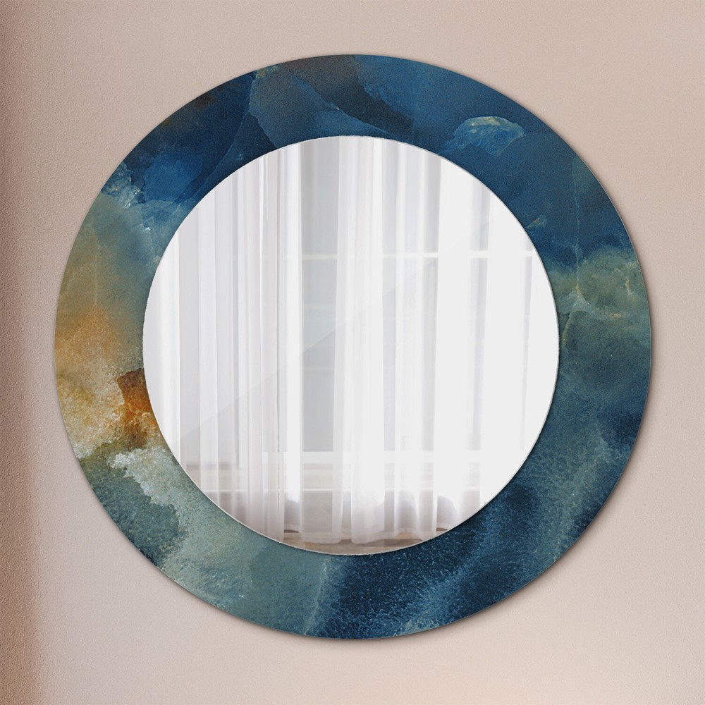 Round Wall Mirror with Patterned Glass Frame Ready to Hang Onyx Marble