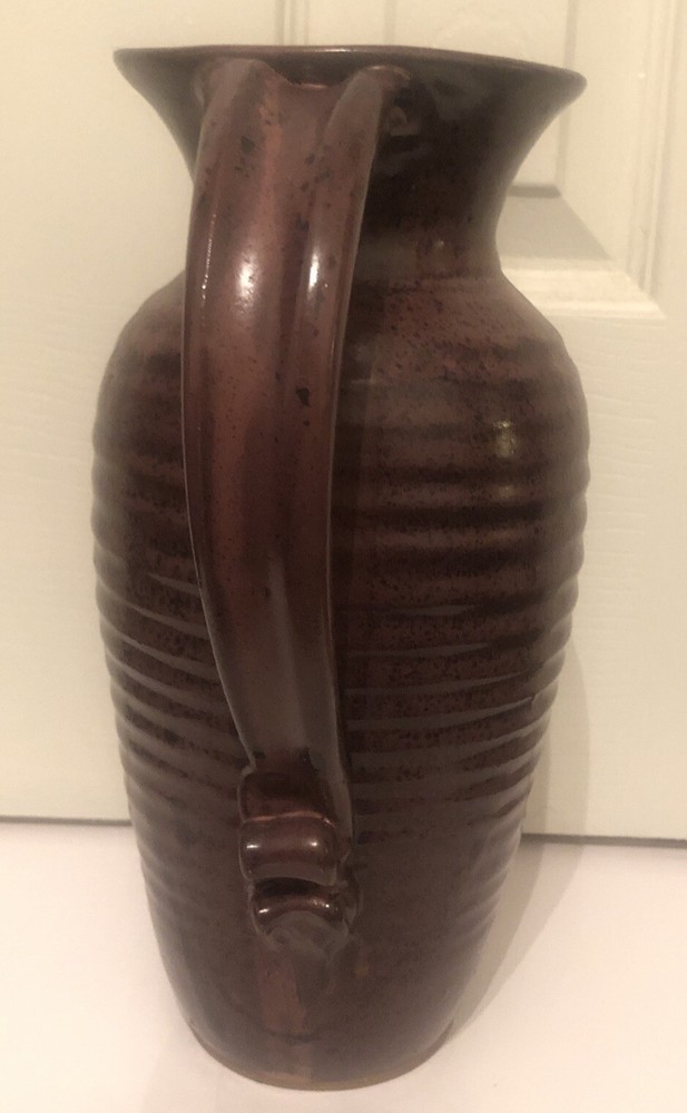Art Pottery Ceramic Pitcher Rustic Drip Glaze Ribbed Pattern Scroll Handle 11.5”