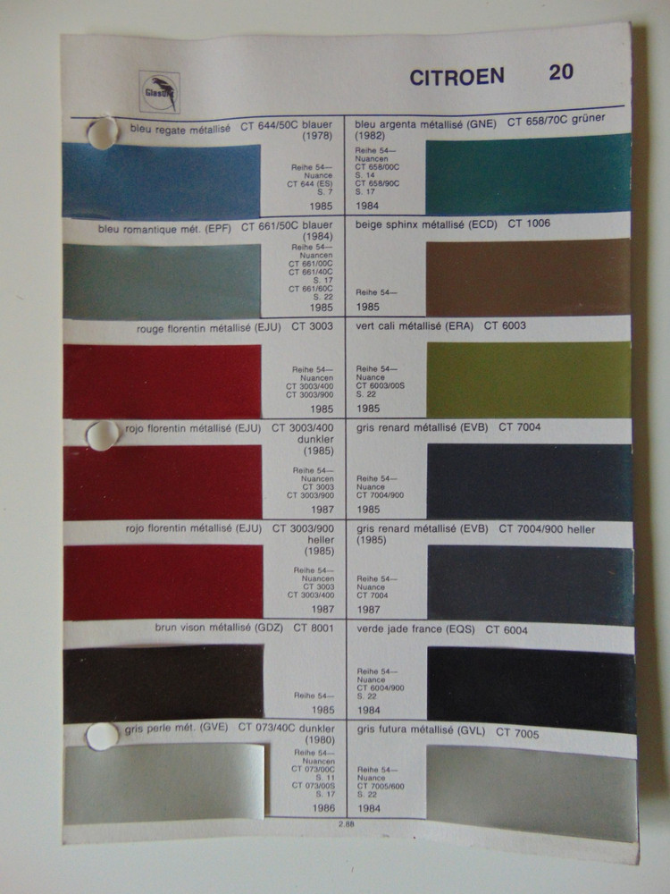 Original Glasurit Citroen Paint Chips Sheet - 1984-1987