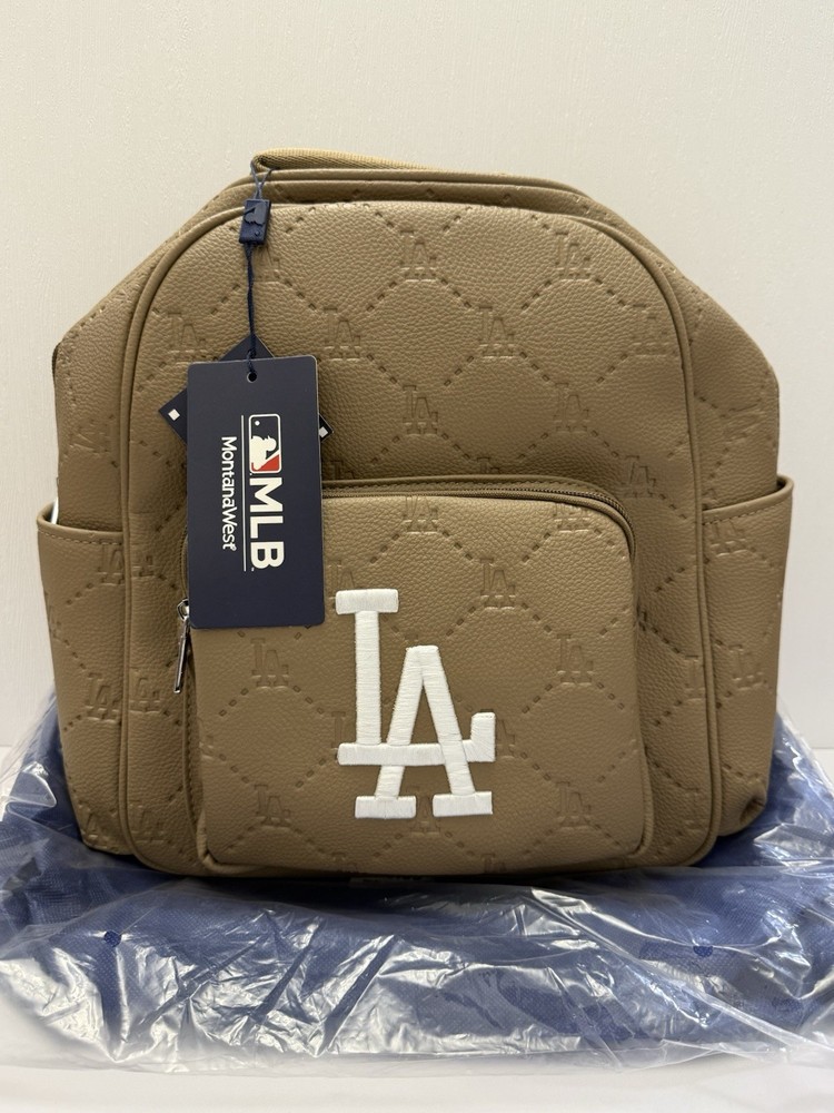 MLB PU Leather LA Dodgers Beige Logo Embroidered Backpack