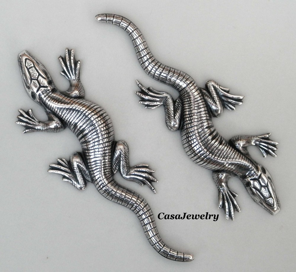 #4183 LARGE ANTIQUED STERLING SILVER PLATED LIZARD COMPONENT - 2 Pc Lot
