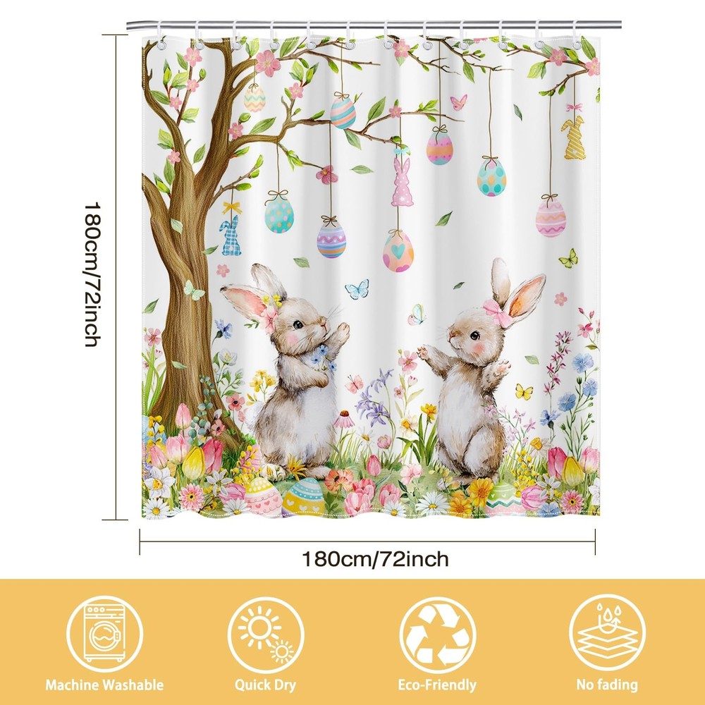 Easter Bunny Shower Curtain Easter Eggs Cute Rabbits Spring Floral Bathroom..