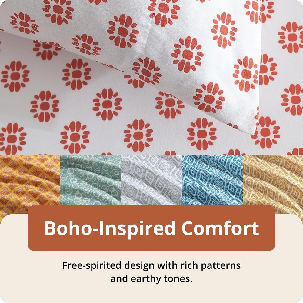 Indigo Ink - King Size Sheet Set, 4-Piece Boho Medallion Patterned Bedding, S...
